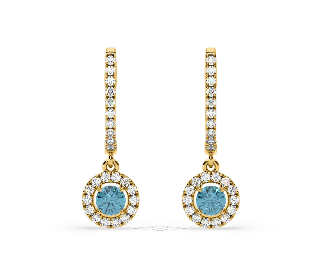 Ella Blue Lab Diamond 1.48ct Halo Drop Earrings in 18K Yellow Gold - Elara Collection