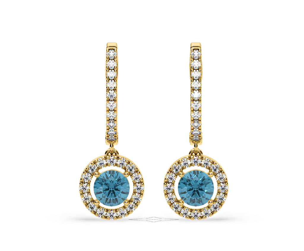 Ella Blue Lab Diamond 2.60ct Halo Drop Earrings in 18K Yellow Gold - Elara Collection