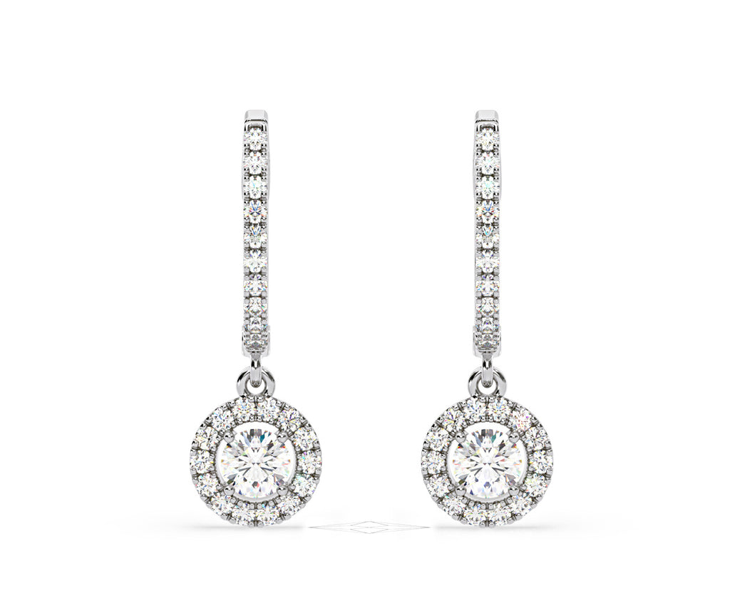 Ella Lab Diamond Halo Drop Earrings 1.48ct in 18K White Gold F/VS1