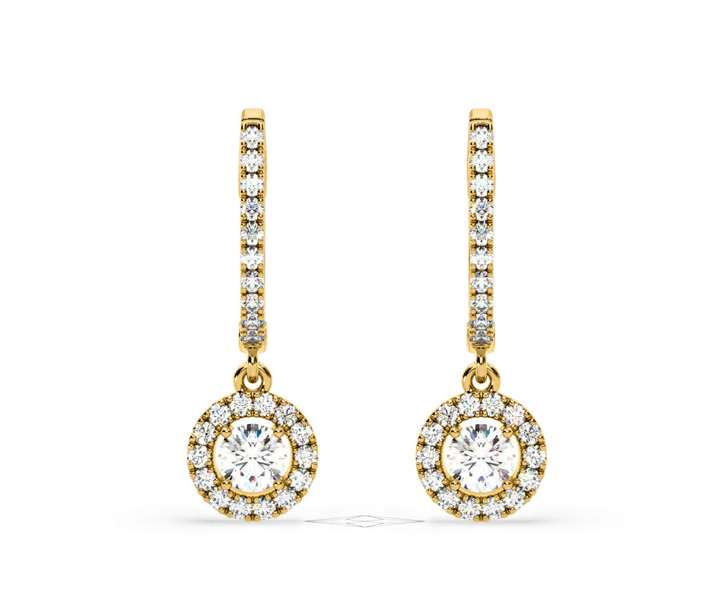 Ella Lab Diamond Halo Drop Earrings 1.48ct in 18K Yellow Gold F/VS1