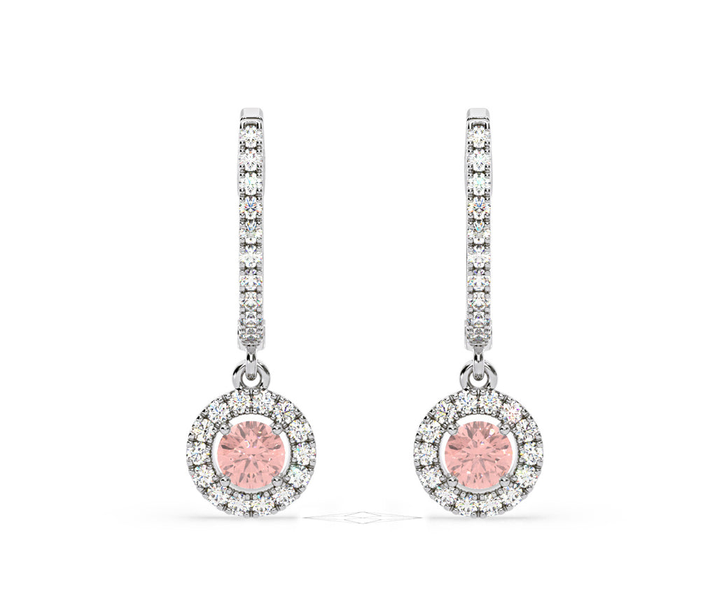 Ella Pink Lab Diamond 1.48ct Halo Drop Earrings in 18K White Gold - Elara Collection