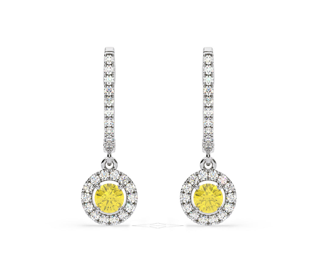 Ella Yellow Lab Diamond 1.48ct Halo Drop Earrings in 18K White Gold - Elara Collection