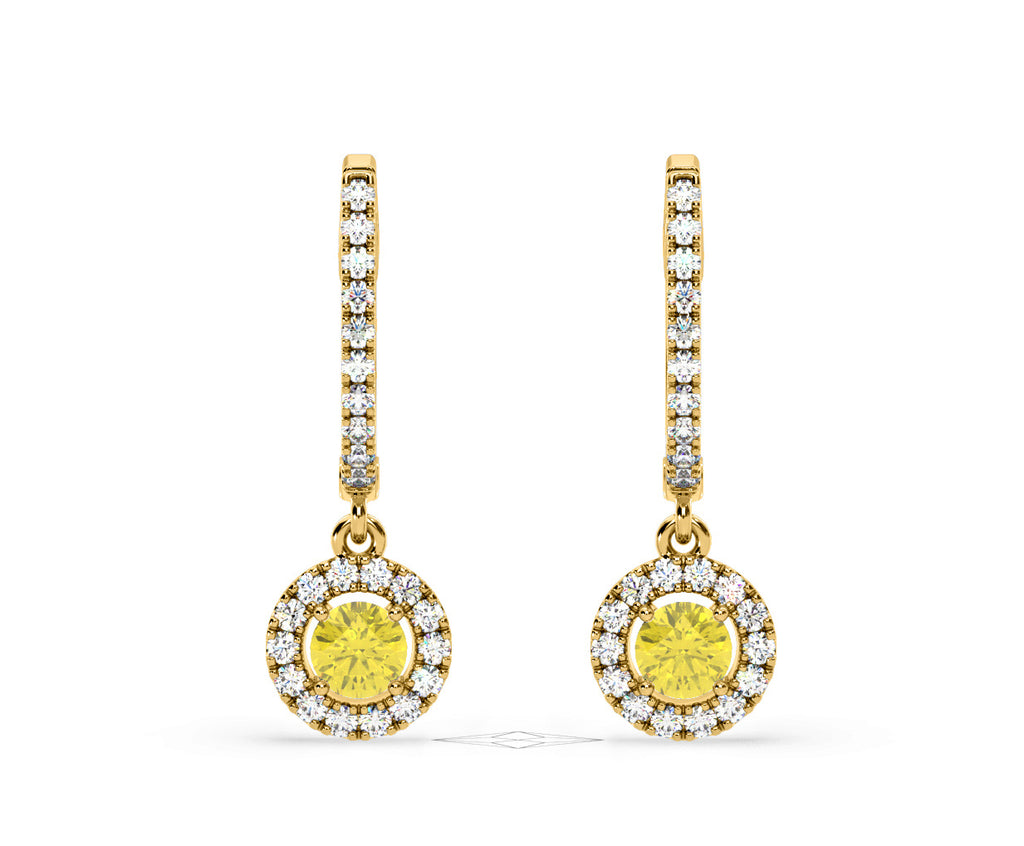 Ella Yellow Lab Diamond 1.48ct Halo Drop Earrings in 18K Yellow Gold - Elara Collection