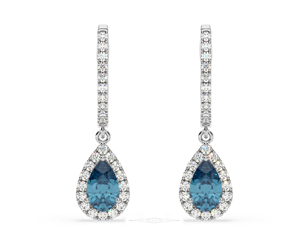 Diana Blue Lab Diamond 1.48ct Pear Halo Drop Earrings in 18K White Gold - Elara Collection