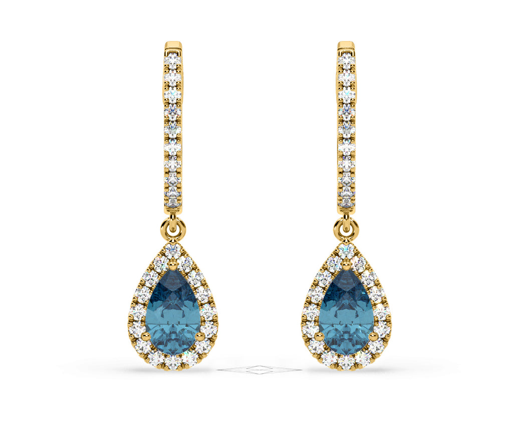 Diana Blue Lab Diamond 1.48ct Pear Halo Drop Earrings in 18K Yellow Gold - Elara Collection