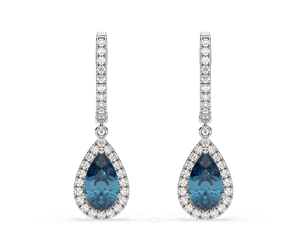 Diana Blue Lab Diamond 2.60ct Pear Halo Drop Earrings in 18K White Gold - Elara Collection