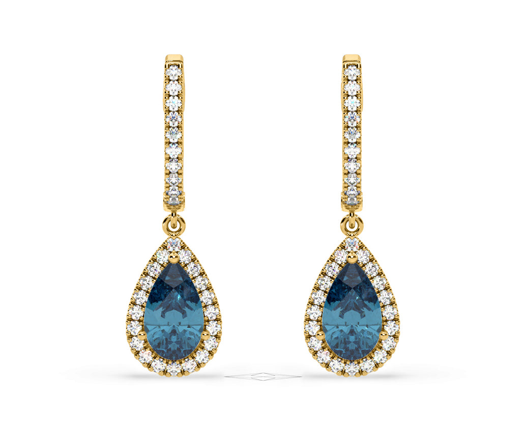 Diana Blue Lab Diamond 2.60ct Pear Halo Drop Earrings in 18K Yellow Gold - Elara Collection