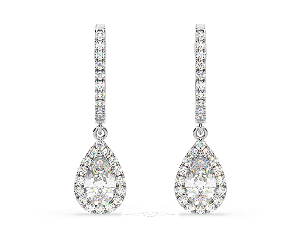 Diana Pear Lab Diamond Halo Drop Earrings 1.48ct in 18K White Gold F/VS1