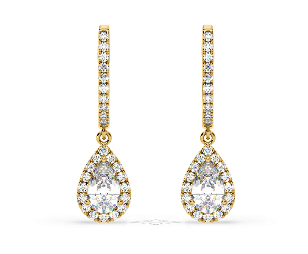 Diana Pear Lab Diamond Halo Drop Earrings 1.48ct in 18K Yellow Gold F/VS1