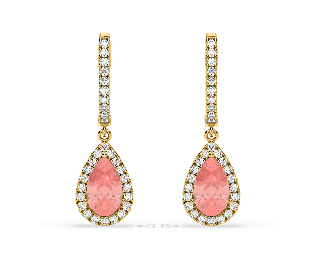 Diana Pink Lab Diamond 2.60ct Pear Halo Drop Earrings in 18K Yellow Gold - Elara Collection