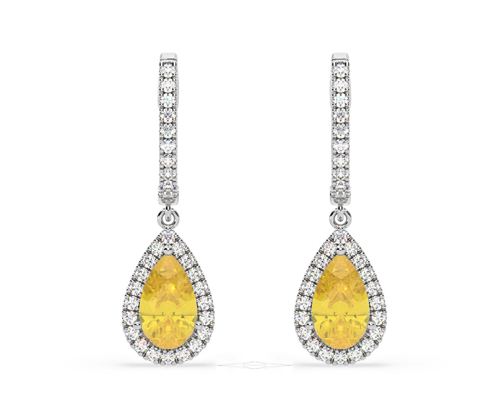 Diana Yellow Lab Diamond 2.60ct Pear Halo Drop Earrings in 18K White Gold - Elara Collection