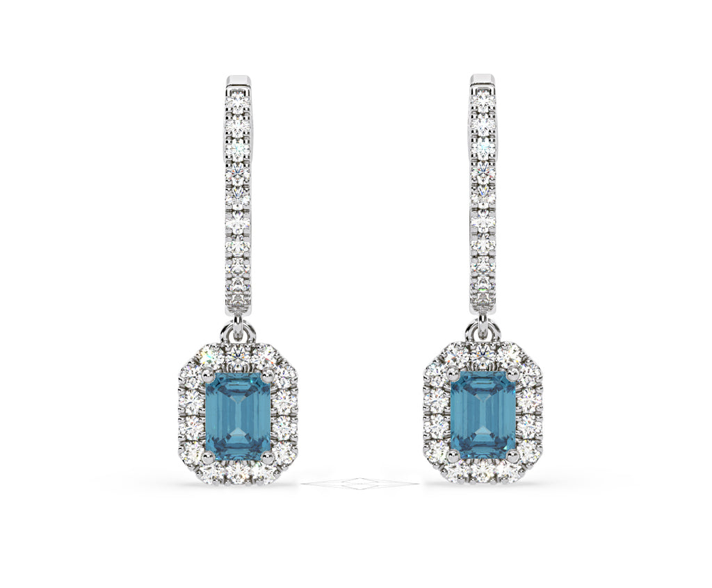 Annabelle Blue Lab Diamond 1.48ct Emerald Cut Halo Earrings in 18K White Gold - Elara Collection