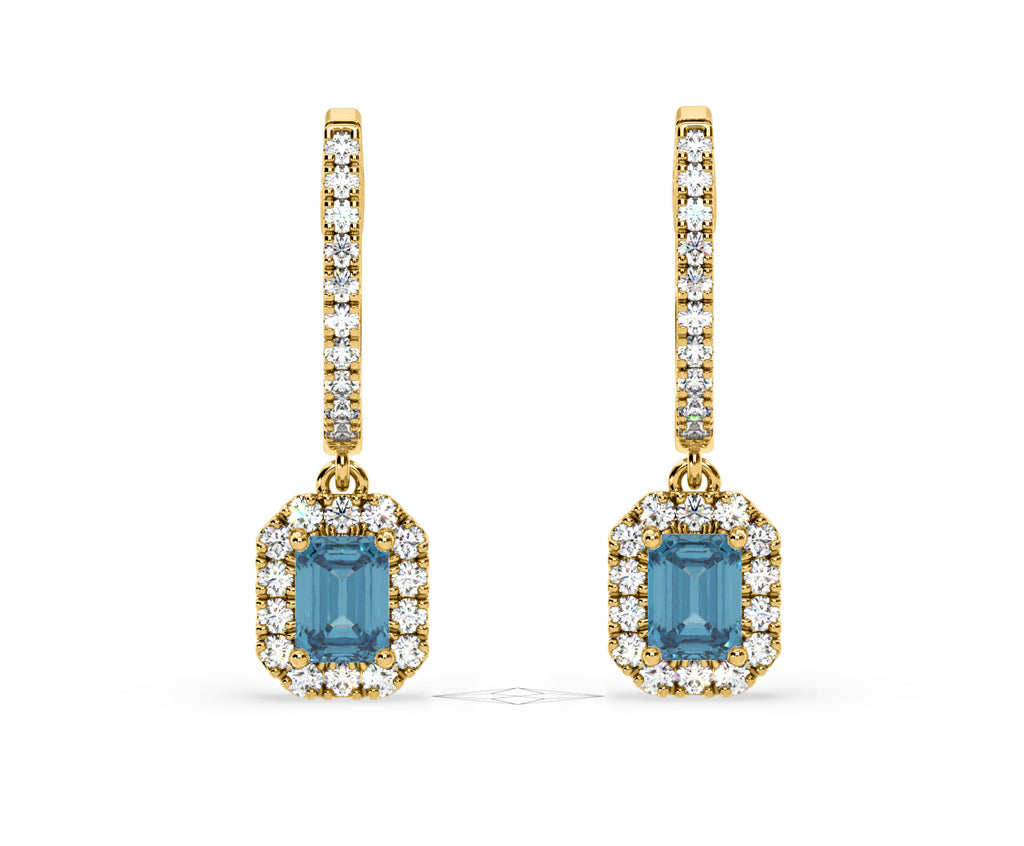 Annabelle Blue Lab Diamond 1.48ct Emerald Cut Halo Earrings in 18K Yellow Gold - Elara Collection