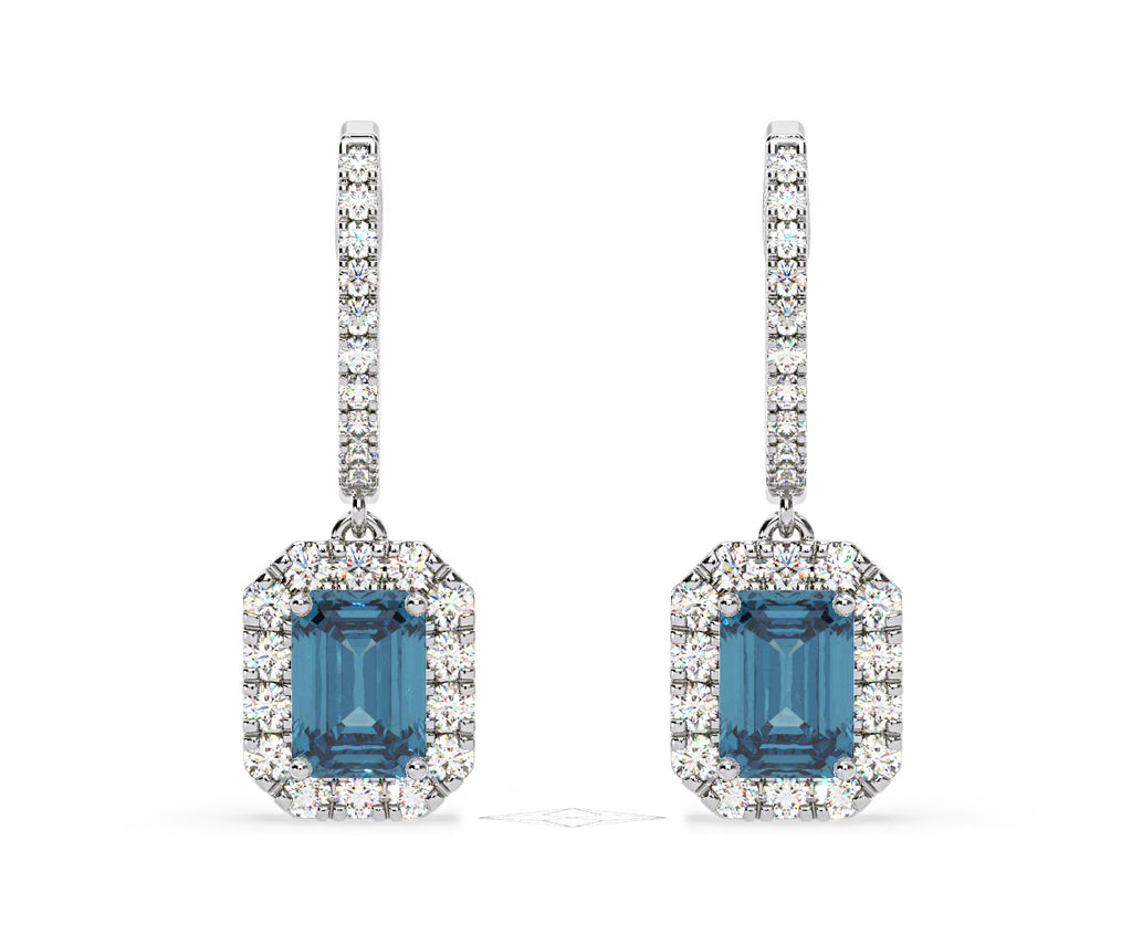 Annabelle Blue Lab Diamond 2.78ct Emerald Cut Halo Earrings in 18K White Gold - Elara Collection