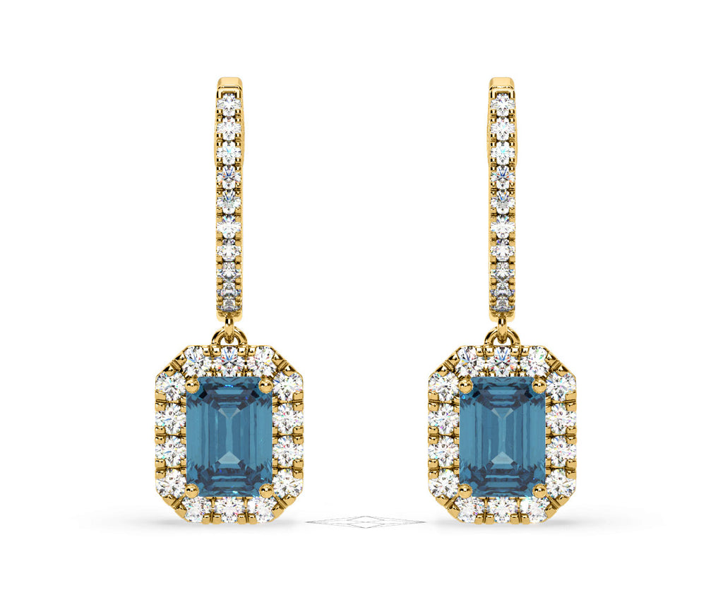 Annabelle Blue Lab Diamond 2.78ct Emerald Cut Halo Earrings in 18K Yellow Gold - Elara Collection