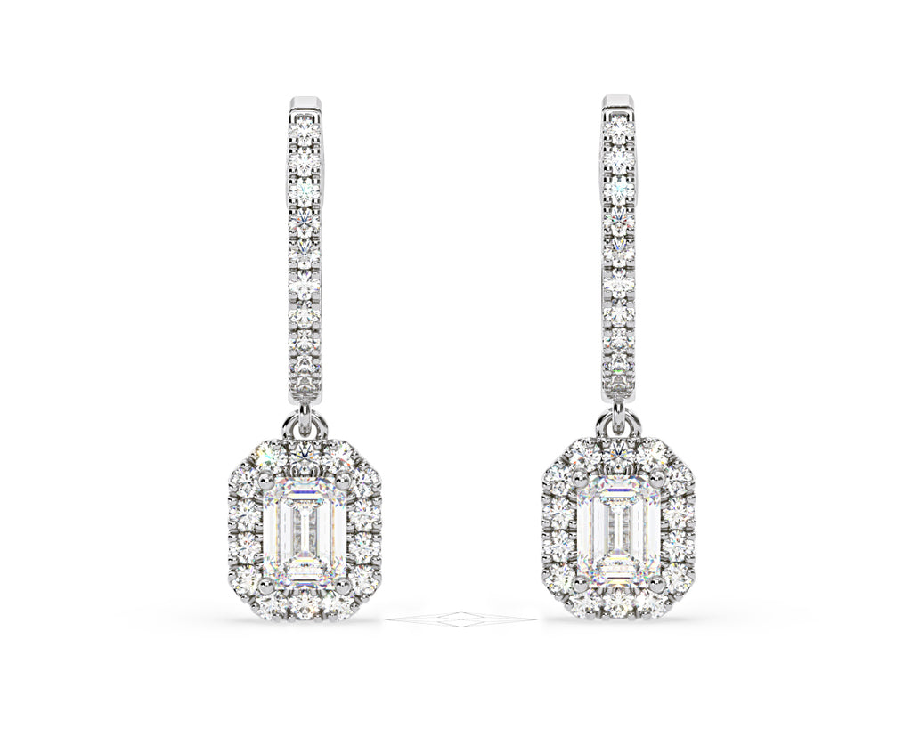 Annabelle Emerald Cut Lab Diamond Halo Drop Earrings 1.48ct in 18K White Gold F/VS1