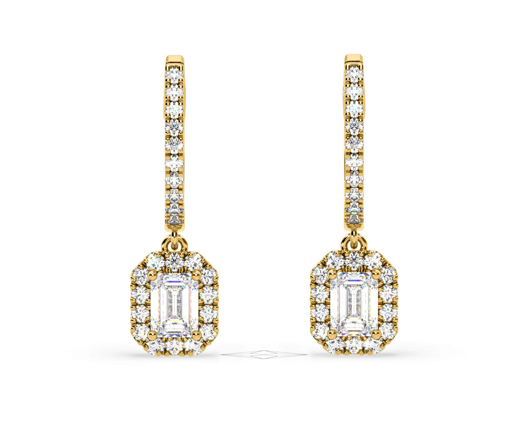 Annabelle Emerald Cut Lab Diamond Halo Drop Earrings 1.48ct in 18K Yellow Gold F/VS1