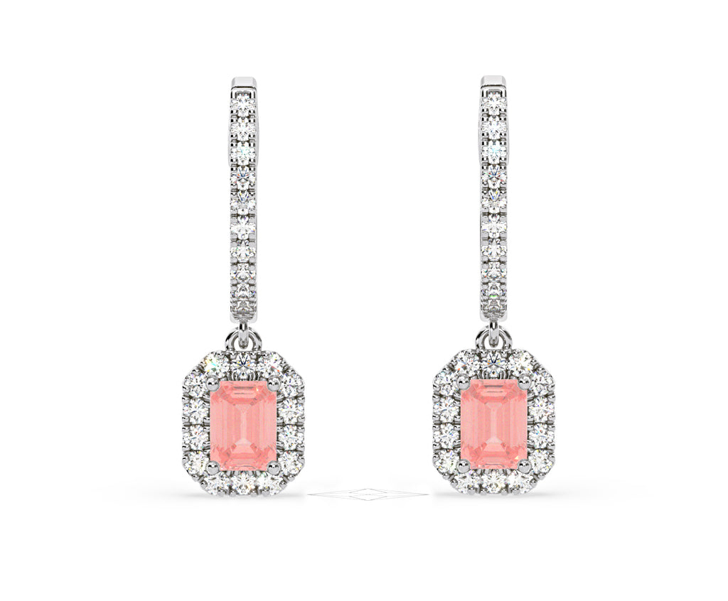 Annabelle Pink Lab Diamond 1.48ct Emerald Cut Halo Earrings in 18K White Gold - Elara Collection