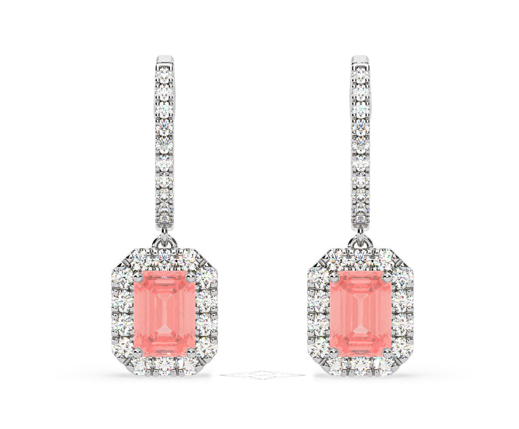 Annabelle Pink Lab Diamond 2.78ct Emerald Cut Halo Earrings in 18K White Gold - Elara Collection