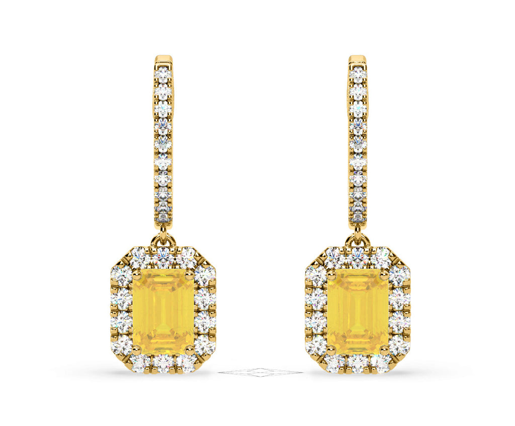 Annabelle Yellow Lab Diamond 2.78ct Emerald Cut Halo Earrings in 18K Yellow Gold - Elara Collection