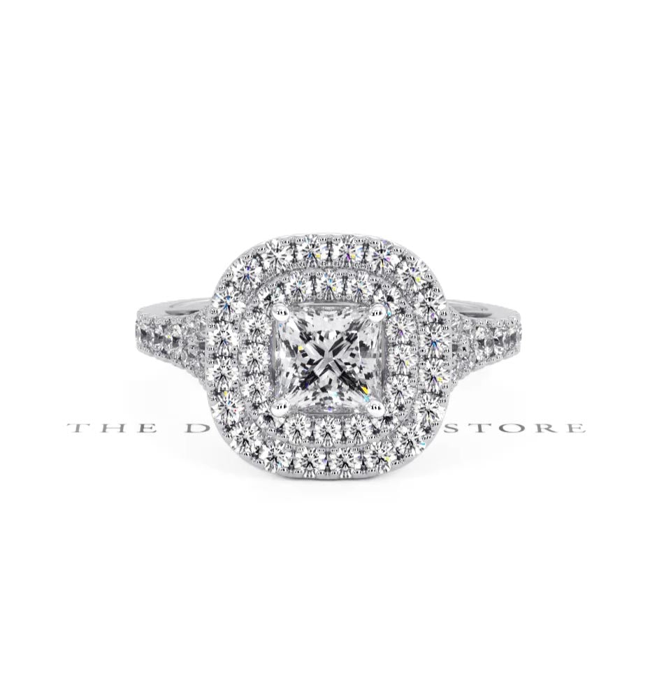 Cleopatra GIA Diamond Halo Engagement Ring 18K White Gold 1.45ct G/VS1